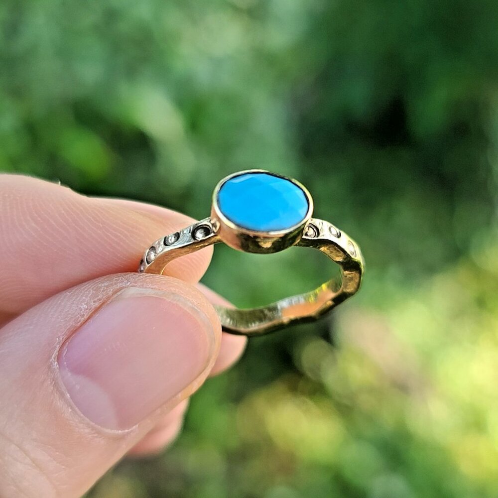 925 Gold Vermeil Sterling Ring Blue Faceted Faux Turquoise & Dot Detail Sz 7.25
